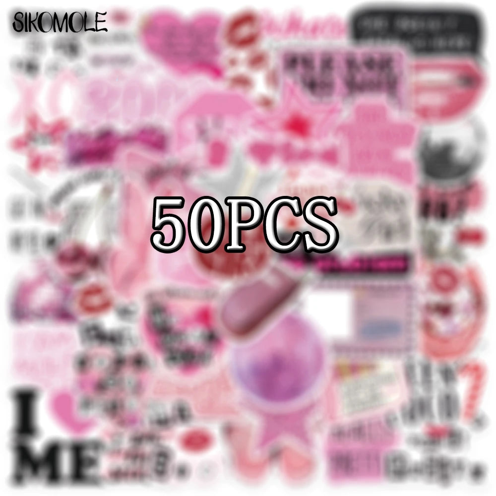 A collection of pink and purple kawaii girl cartoon stickers, featuring various designs and text.