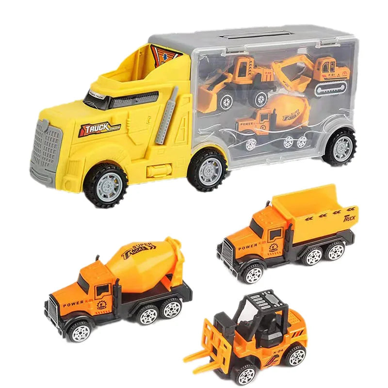 A yellow die-cast construction truck set featuring a transporter and various tools.