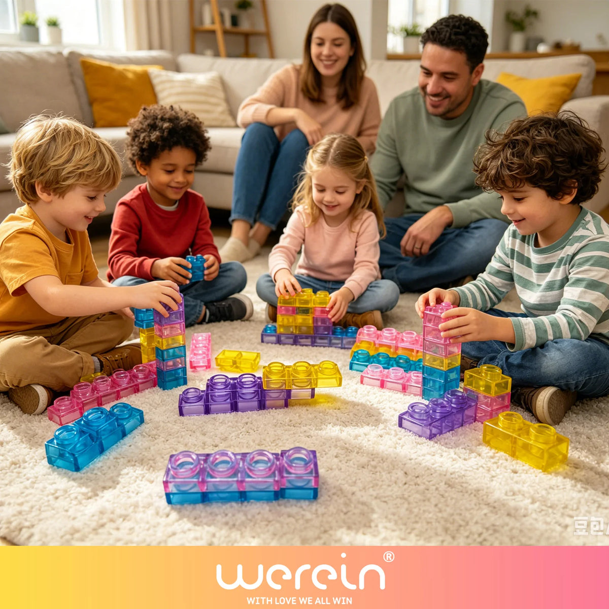 A family is playing with a colorful set of soft jelly building blocks on a rug.