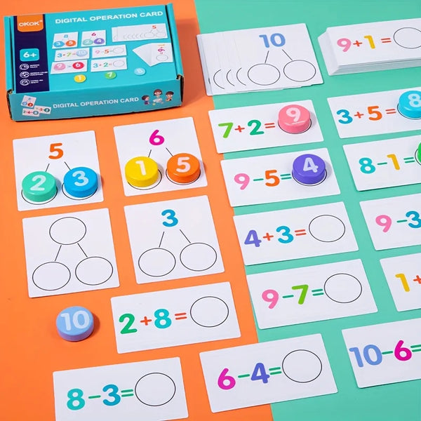 A set of colorful digital math cards for addition and subtraction games displayed on a table.