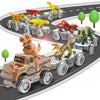 A set of dinosaur train tracks featuring various dinosaurs and a truck on a gray track.
