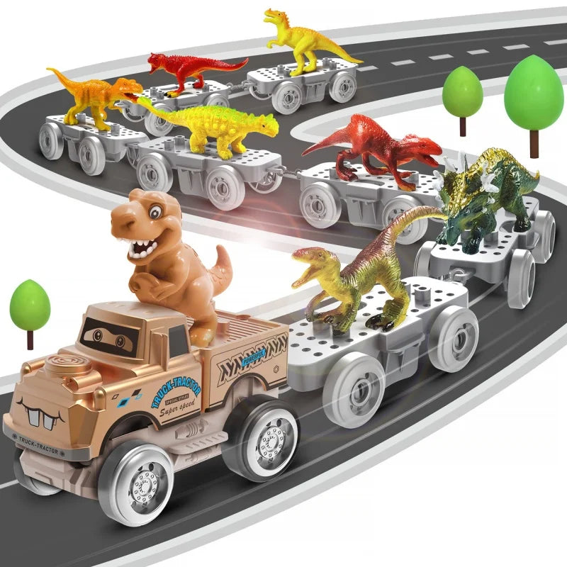 A set of dinosaur train tracks featuring various dinosaurs and a truck on a gray track.