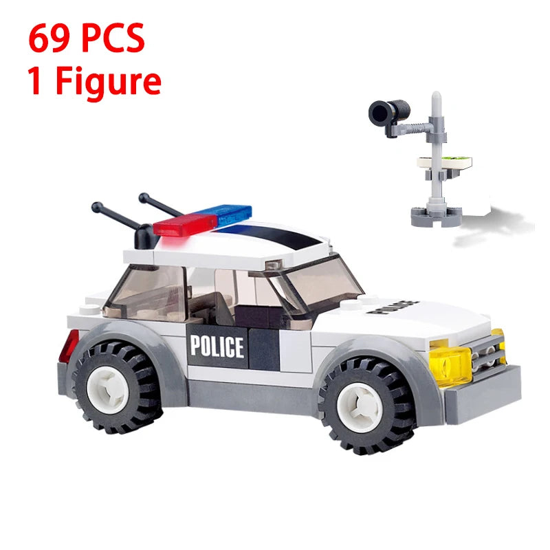 A building blocks set featuring a white police vehicle and an attached helicopter carrier with accessories.