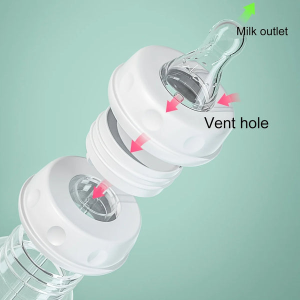 Assemblage d'une gourde pour bébé étanche blanche montrant la sortie du lait et le trou de ventilation.
