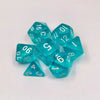 A collection of ten clear acrylic polyhedral dice showing various numbers and shapes for tabletop gaming.