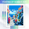 A painting by number depicting a colorful seaside harbor scene with buildings, flowers, and blue water.