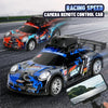 A black and blue racing speed camera remote control car with a visible HD camera setup.