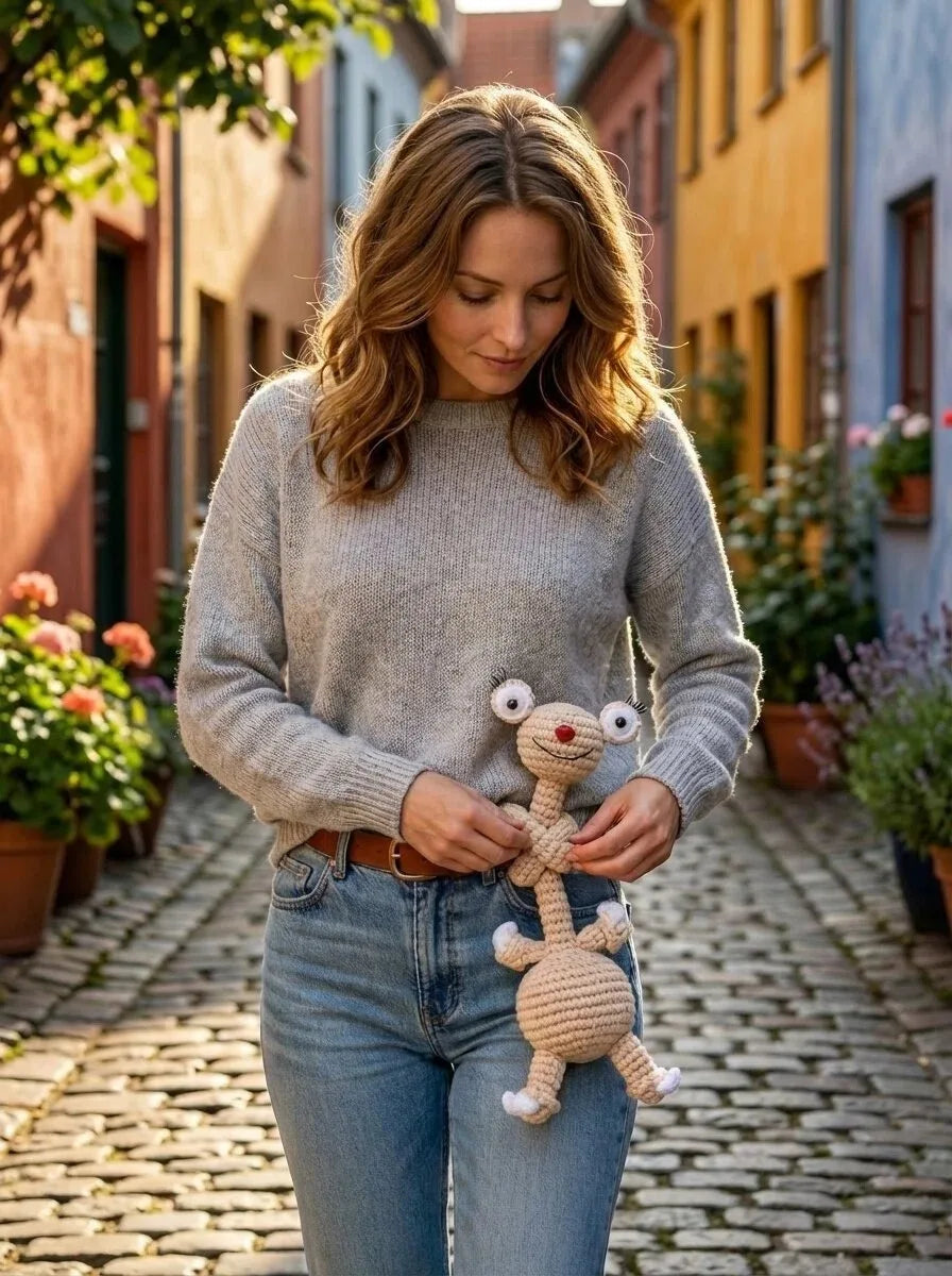 A woman in a sweater holds a handmade crochet sloth and squirrel plush charm outdoors on a cobblestone street.