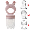 Silicone fruit food feeder and cooling mold set in pink, with sizes S, M, and L.