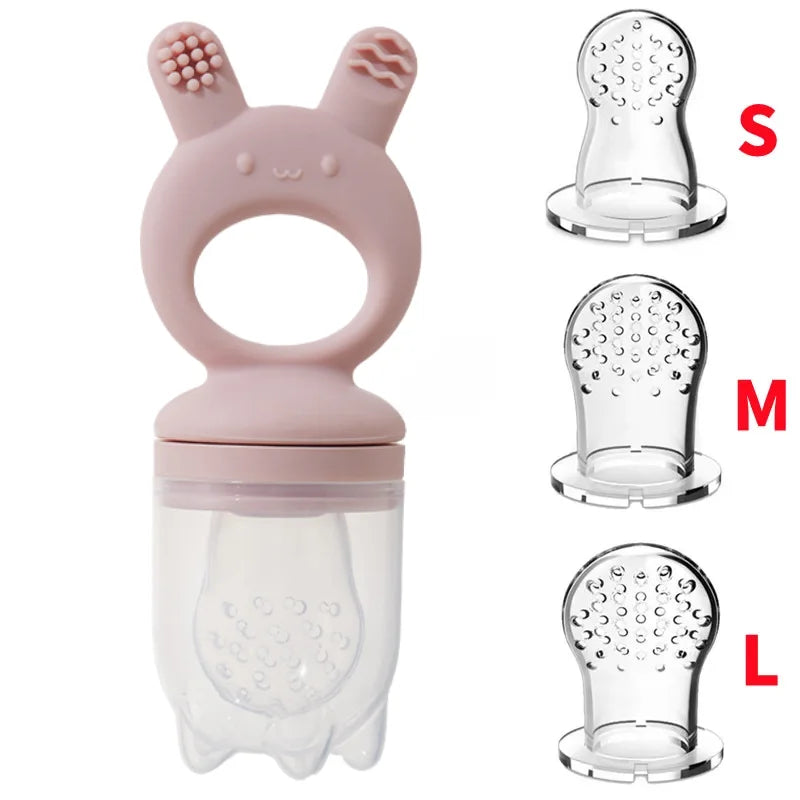 Silicone fruit food feeder and cooling mold set in pink, with sizes S, M, and L.