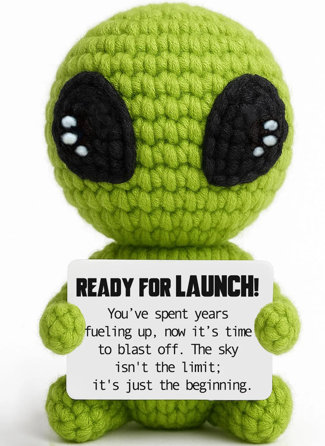Handmade crochet positive alien pocket hug gift in bright lime green
