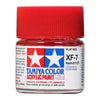 A bottle of Tamiya Color Acrylic Paint Mini in flat red color with a red cap.