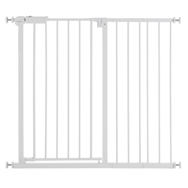 A white stainless steel pressure mount pet and baby gate with vertical bars.
