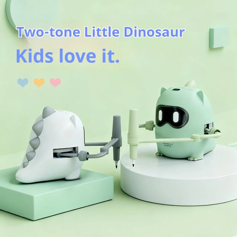 Two-tone Little Dinosaur Kids love it. Shows a white and green interactive dinosaur drawing robot for toddlers.