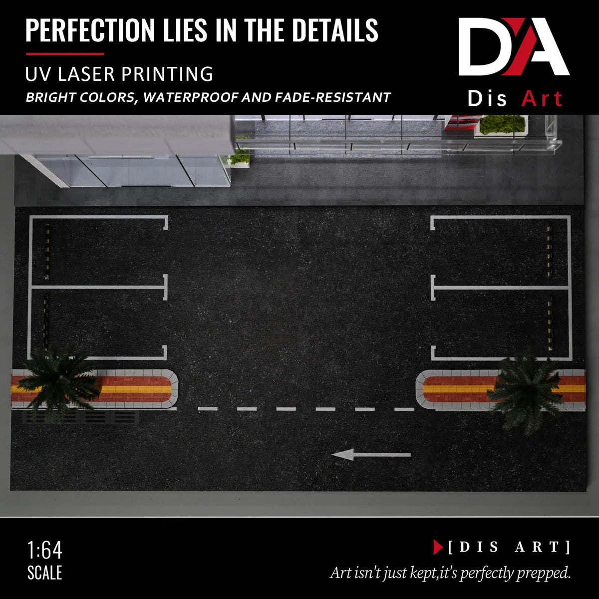 A model display of a two-story showroom and parking garage, featuring a racetrack layout.