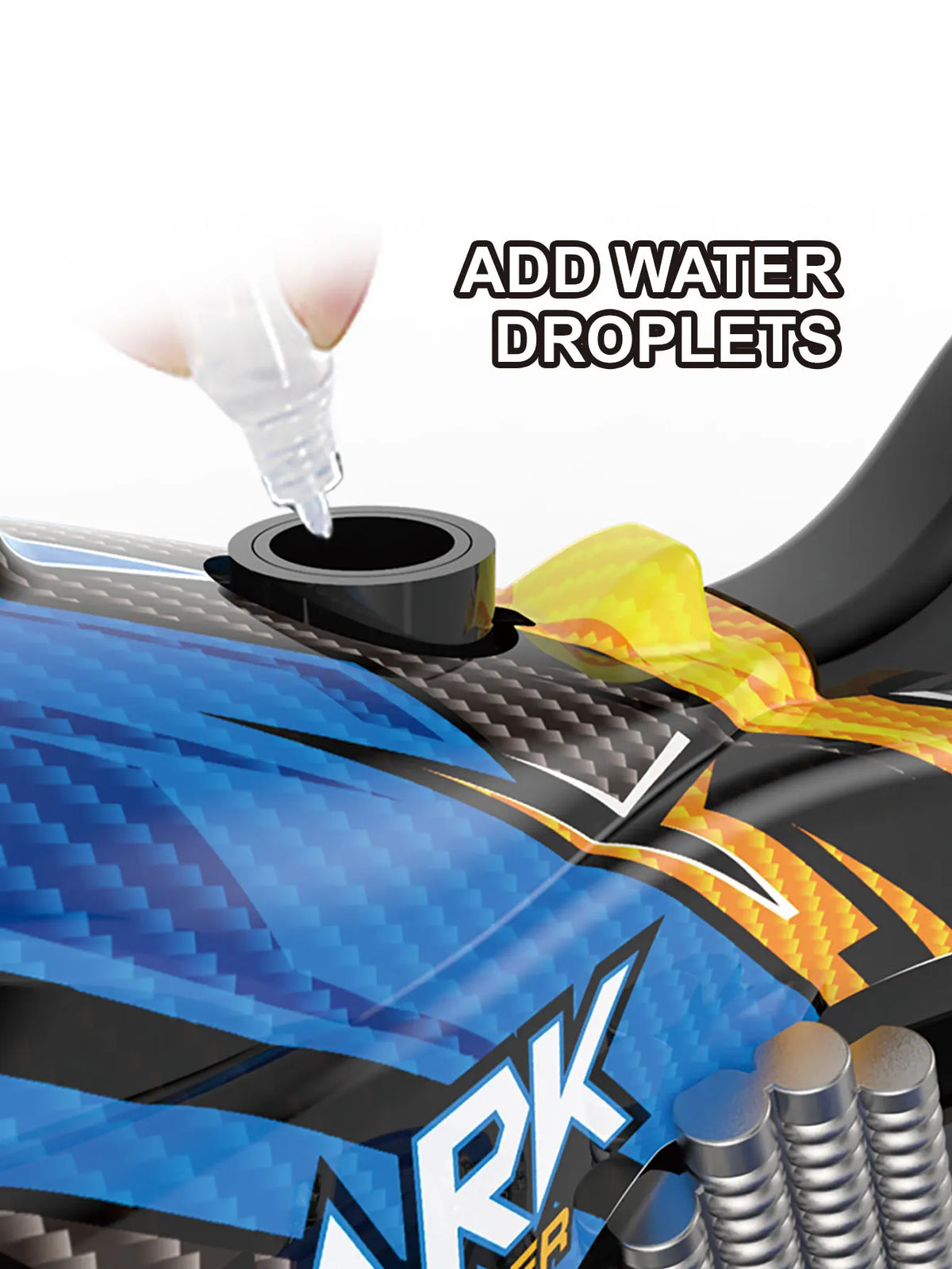 A hand is adding water droplets to the spray action of an All-Terrain RC Monster Truck.