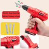 A hand holds a red electric drill tool used for tightening or loosening screws, with various drill bits shown nearby.