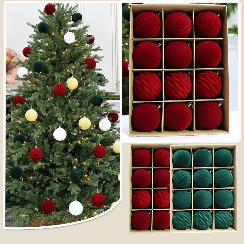 Set of 12 Velvet Flocked Christmas Tree Ornaments in Green
