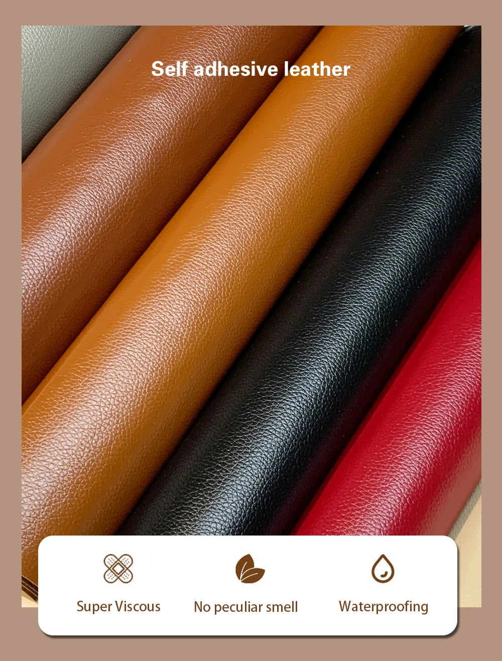 A close-up of various colors of self-adhesive leather patches, including brown, orange, black, and red.