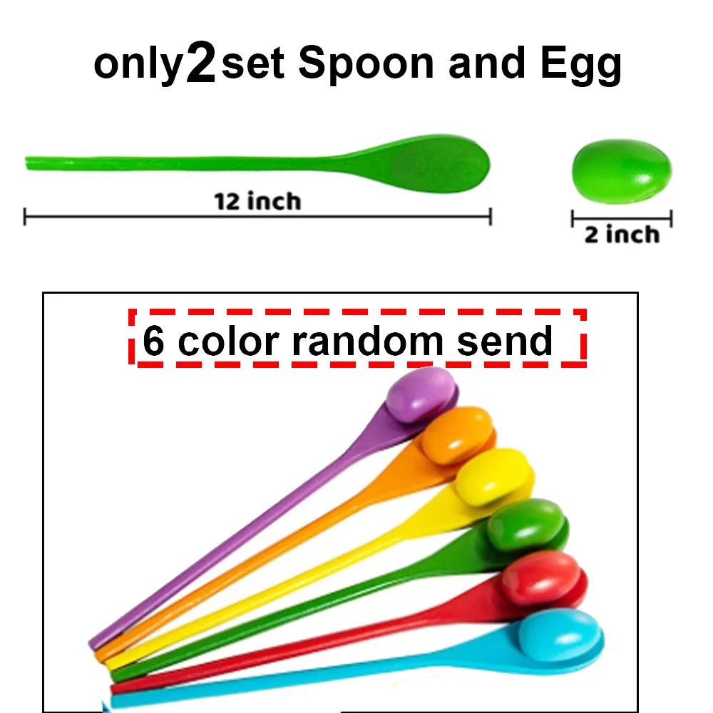 A set of six colored spoons and eggs for a game, showing various colors arranged in a fan shape.