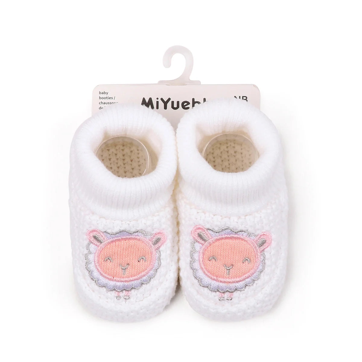 Pair of white knitted baby booties with pink and gray elephant designs