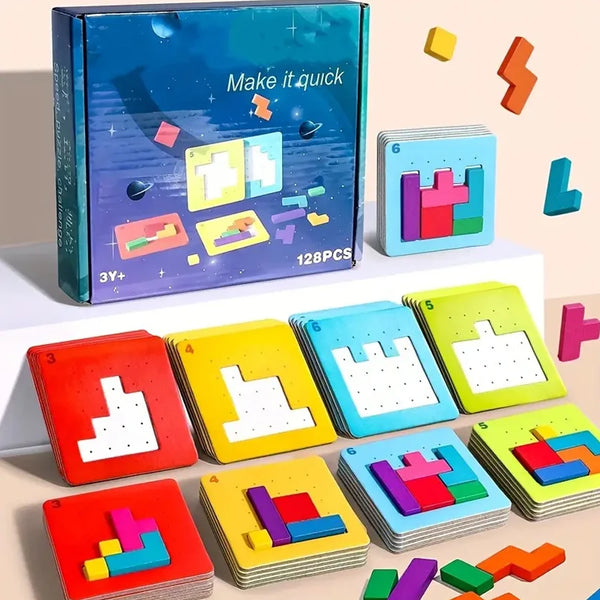 A collection of colorful wooden puzzles and blocks in various shapes and colors displayed on a white surface.