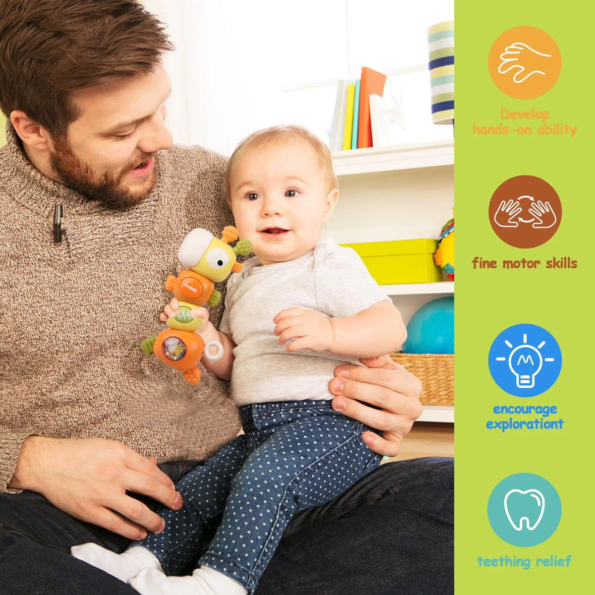 A man is holding a baby while playing with a musical giraffe teether and rattle toy.