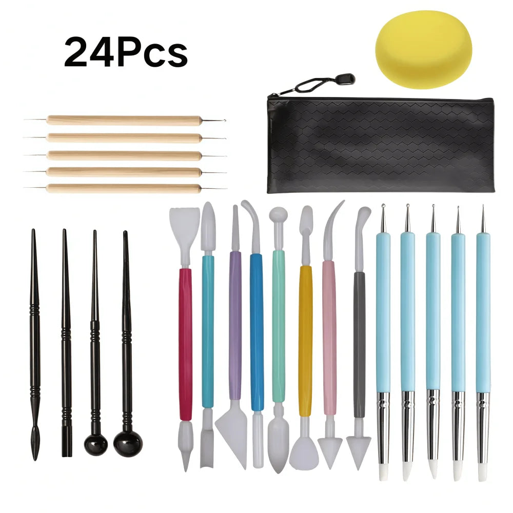 A set of 24 pottery and clay carving tools including various sculpting, shaping, and carving implements.