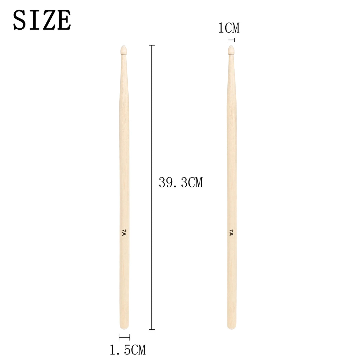 A vertical diagram showing the size of a pair of maple wood drumsticks, measuring 39.3cm long and 1.5cm in diameter.