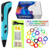A blue 3D printing pen with a black battery and filament packaging showing various PLA colors.