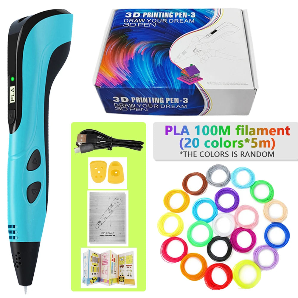 A blue 3D printing pen with a black battery and filament packaging showing various PLA colors.