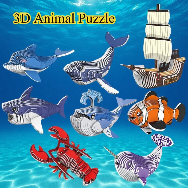 A set of 3D animal puzzles featuring various sea creatures and dinosaurs for kids.