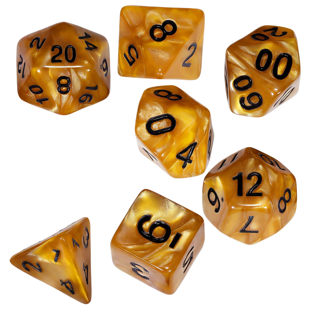 A set of seven amber-colored polyhedral dice, including d20s and d12s, displayed on a white background.