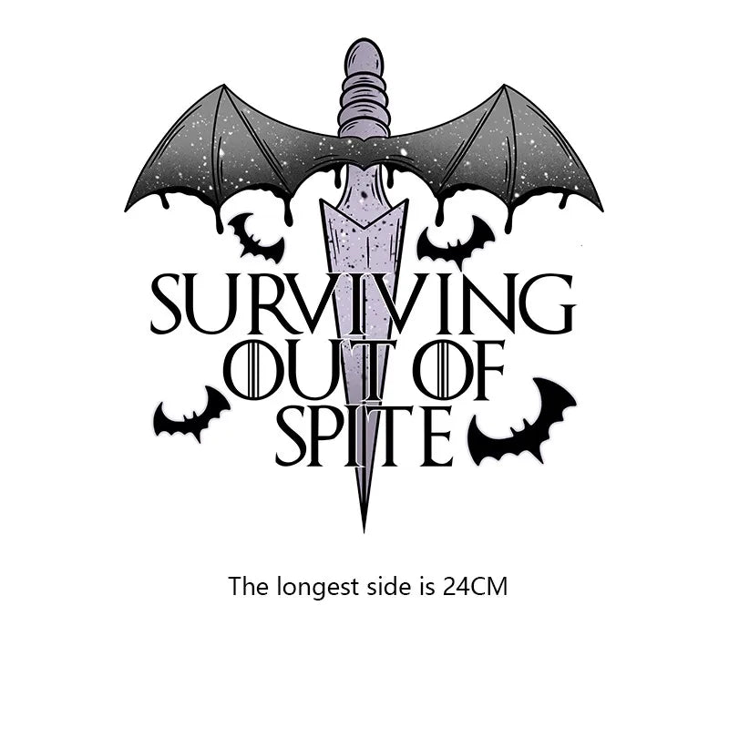 A black bat-shaped iron-on patch featuring a stylized dagger design.