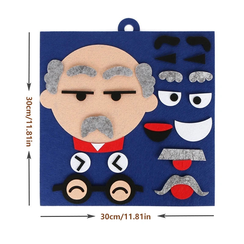 A puzzle game featuring a facial expression of an angry or grumpy old man made of felt pieces on a blue background.