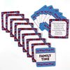 A set of colorful conversation cards featuring family time prompts and lyrics for a card game.