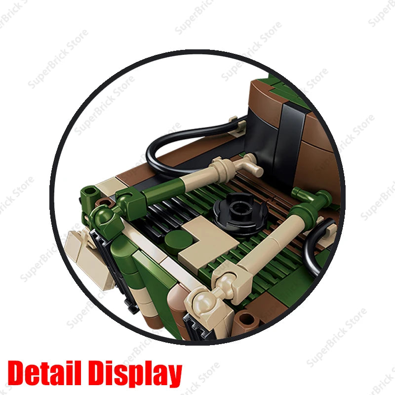 A detailed military vehicle kit model built from interlocking plastic building blocks.