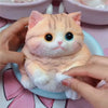 A fluffy orange and white cat shaped squishy stress relief toy being held by a hand.