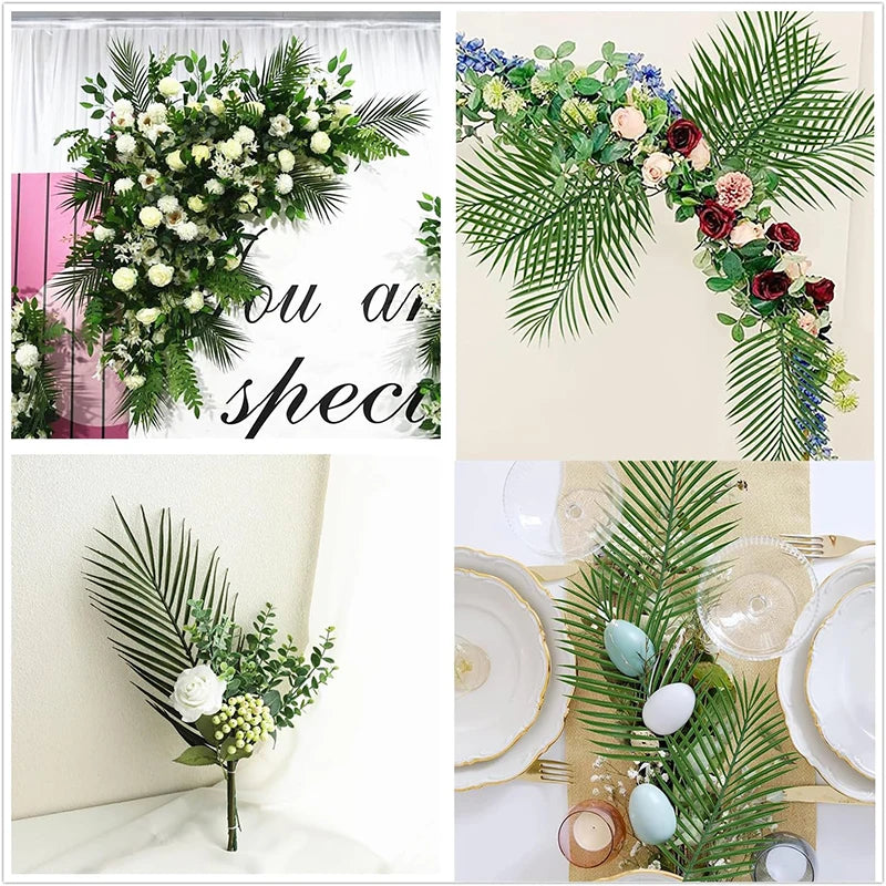 A floral arrangement featuring artificial tropical palm and monstera leaves with roses and greenery for party decor.