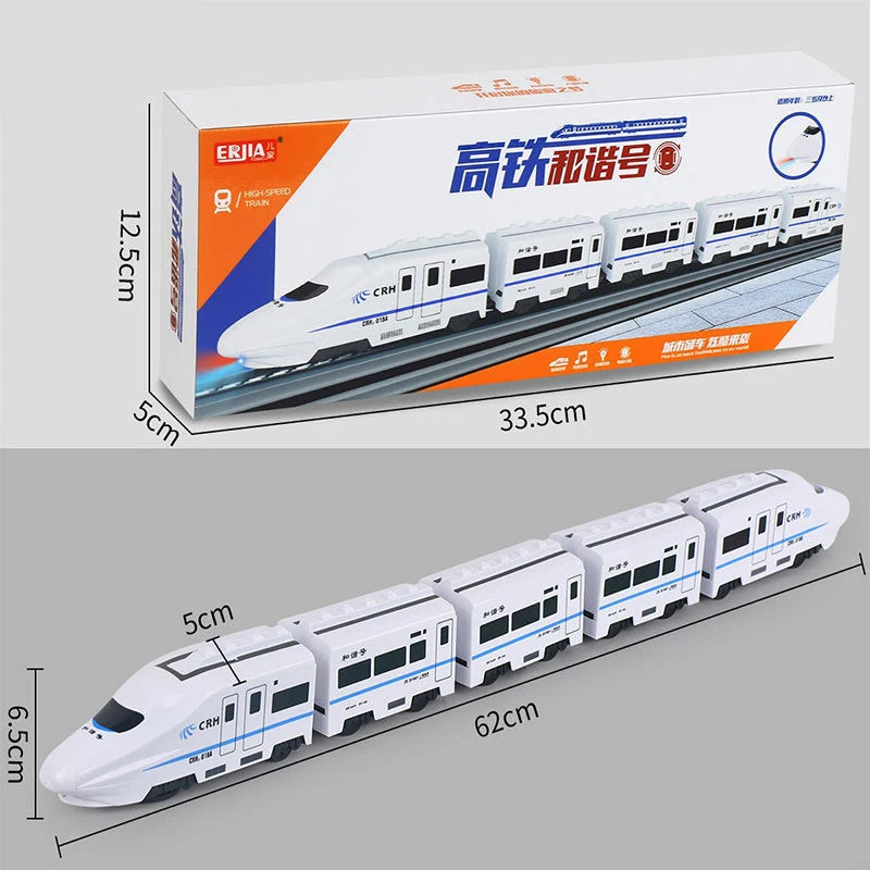 A model electric high-speed railway train toy with lights and sounds displayed in a box and as a disassembled set.
