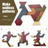 A wooden puzzle featuring interlocking hexagon pieces shaped like a horse and a human figure.