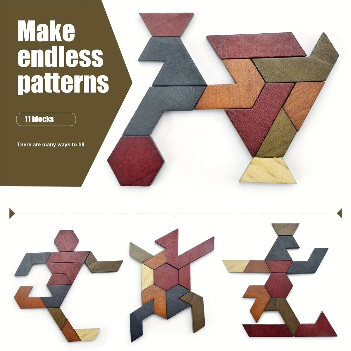 A wooden puzzle featuring interlocking hexagon pieces shaped like a horse and a human figure.