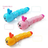 Three versions of a wind-up caterpillar crawling toy in blue, pink, and yellow colors.