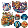 Set of three circular wooden puzzles featuring a cat, a boat, and a penguin.