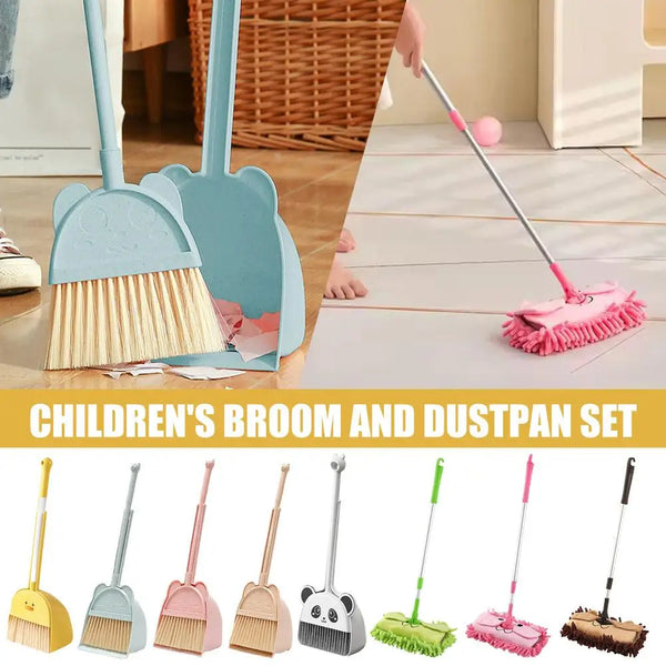A collection of children's broom and dustpan sets in various colors and styles.