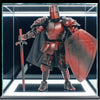 A highly detailed articulated paladin action figure in red armor holding a sword and carrying a shield displayed in a glass c