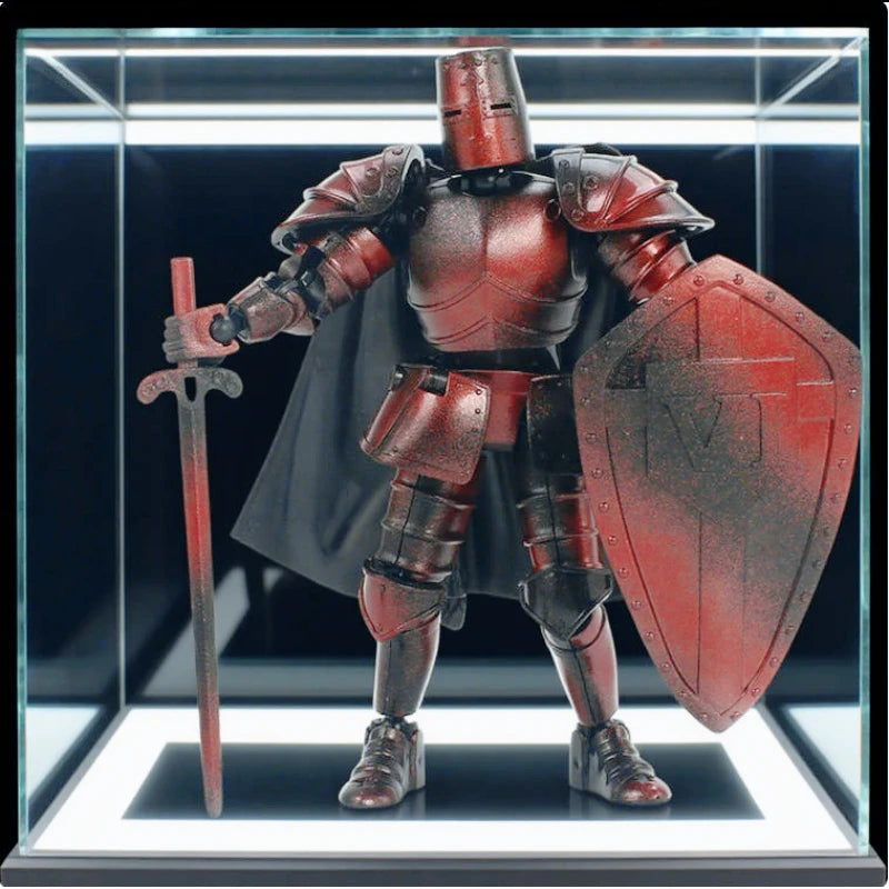 A highly detailed articulated paladin action figure in red armor holding a sword and carrying a shield displayed in a glass c