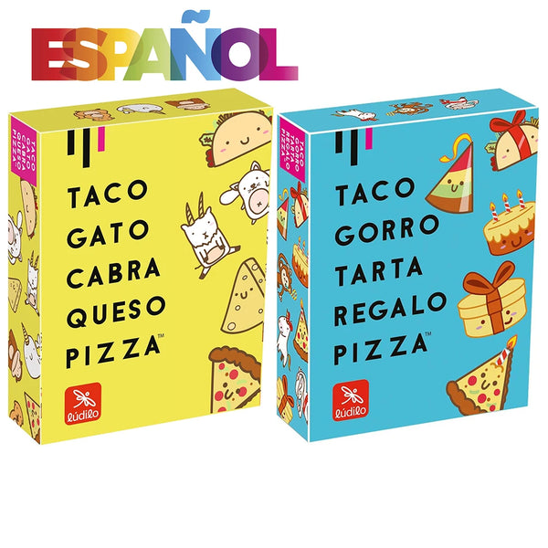 Two boxes of the Spanish Party Game Set featuring Taco, Goat, and Pizza cards.