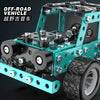 A teal metal off-road vehicle model kit featuring a chassis, wheels, and mechanical components.