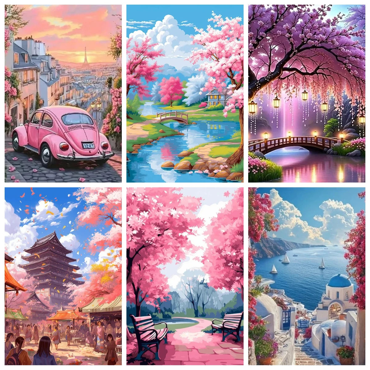 A collage of six vibrant paintings depicting cherry blossom landscapes and scenic views.